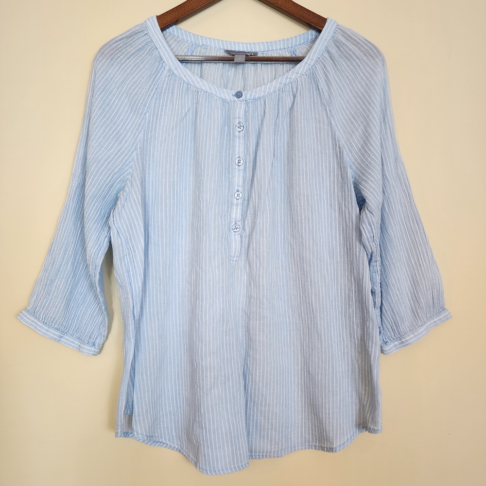 Sears Pinstripe Button Down Collarless Shirt Light Blue Loose Fit Size 12
